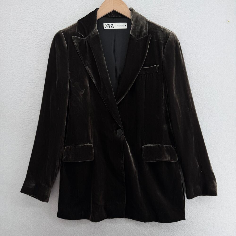 ZARA Blazer Womens M Velvet Mulberry Silk Blend Single Button Notch Gray Brown